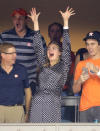 <p>His biggest fan! The model cheered on her fiancè, Houston Astros pitcher Justin Verlander, and celebrated as the team beat the Dodgers on Wednesday to tie the World Series at one game apiece. (Photo: Jerritt Clark/Getty Images) </p>