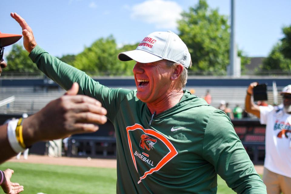 Florida A&M baseball head coach Jamey Shouppe celebrates after the Rattlers defeat Bethune-Cookman for the SWAC Championship at Georgia Tech's Russ Chandler Stadium in Atlanta, Georgia, Sunday, May 28, 2023