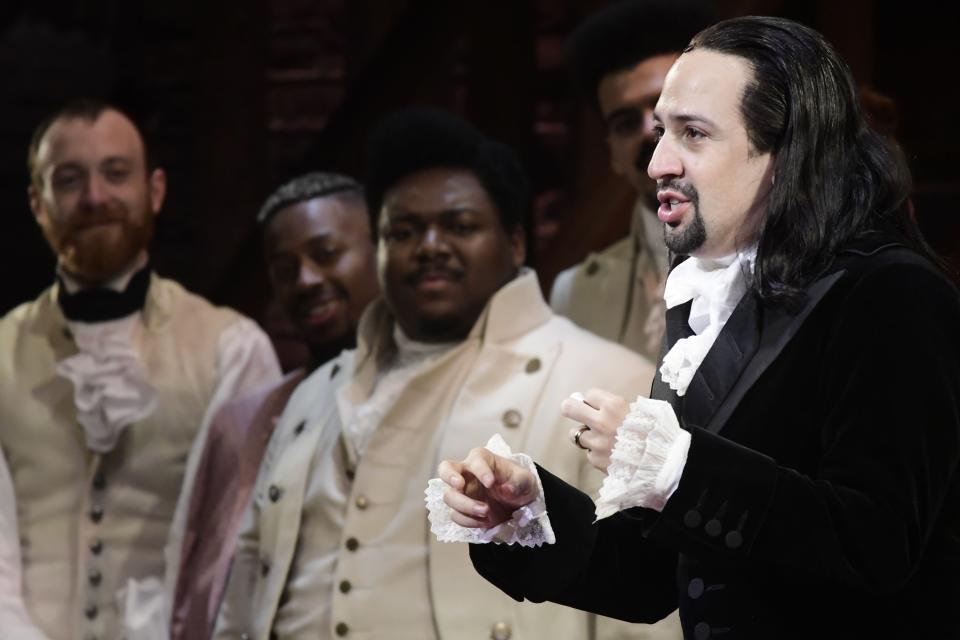 FILE - Lin-Manuel Miranda, composer and creator of the award-winning Broadway musical "Hamilton," offers a message of gratitude after receiving a standing ovation at the ending of the play's premiere held at the Santurce Fine Arts Center, in San Juan, Puerto Rico, on Jan. 11, 2019. Miranda will travel to Puerto Rico on Wednesday, Sept. 14, 2022, as part of a delegation from the Hispanic Federation to mark the anniversary of Hurricane Maria and survey what has been accomplished and what still needs to be done. (AP Photo/Carlos Giusti, File)