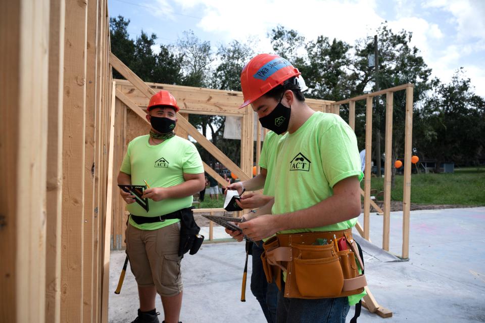 In this 2020 photo, students from the Leesburg High School Construction Academy work on building a home for Habitat for Humanity in Leesburg.