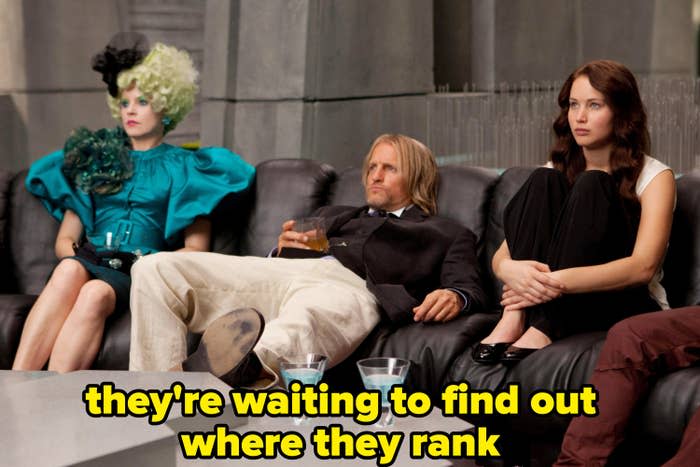 Effie, Haymitch, and Katniss watching the TV, nervous, with caption: they're waiting to find out where they rank