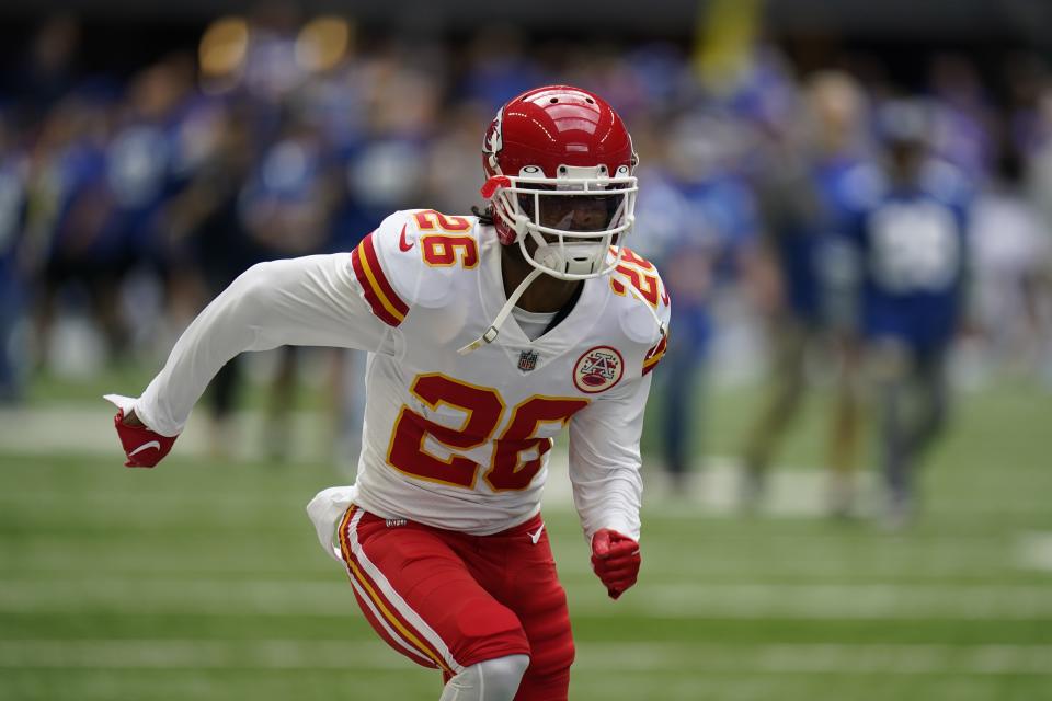 Kansas City Chiefs’ Deon Bush runs before an NFL football game against the <a class="link " href="https://sports.yahoo.com/nfl/teams/indianapolis/" data-i13n="sec:content-canvas;subsec:anchor_text;elm:context_link" data-ylk="slk:Indianapolis Colts;sec:content-canvas;subsec:anchor_text;elm:context_link;itc:0">Indianapolis Colts</a>, Sunday, Sept. 25, 2022, in Indianapolis. (AP Photo/Michael Conroy)