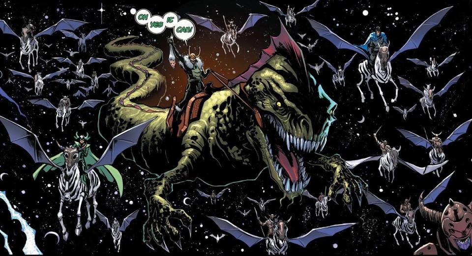 Loki rides the Midgard Serpent in the pages of The Mighty Thor. An example of an Ouroboros in Marvel Comics