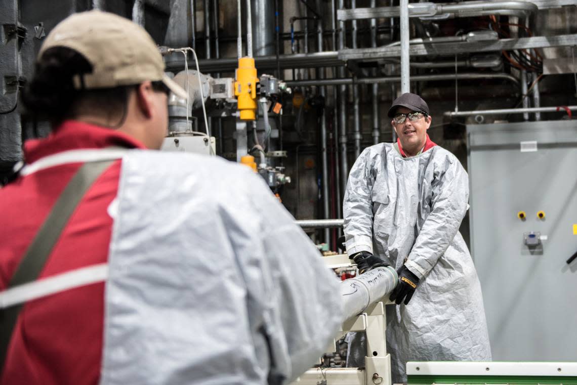 The last weapon in the nation’s chemical weapons stockpile, an M55 rocket containing GB nerve agent, was placed on a conveyor so that it could be destroyed at the Blue Grass Chemical Agent-Destruction Pilot Plant July 7, 2023.