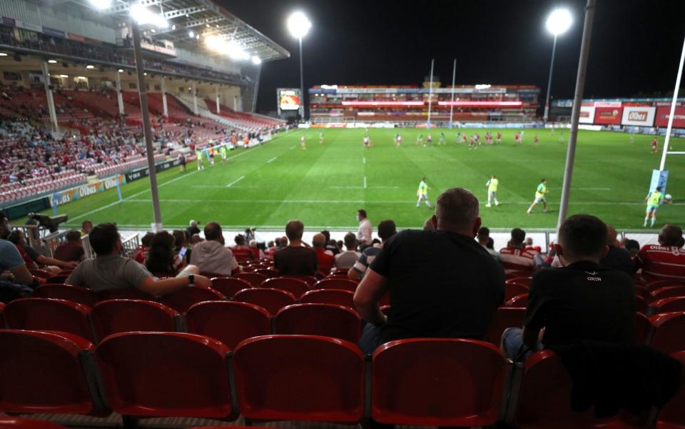 A general view of play from the stands, where fans observe social distancing, during the Gallagher Premiership match at Kingsholm Stadium, Gloucester.  - PA