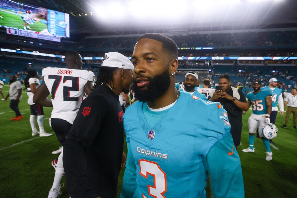 Aug 9, 2024; Miami Gardens, Florida, USA; Miami Dolphins wide receiver Odell Beckham Jr. (3) looks on after the game against the Atlanta Falcons at Hard Rock Stadium. Mandatory Credit: Sam Navarro-USA TODAY Sports