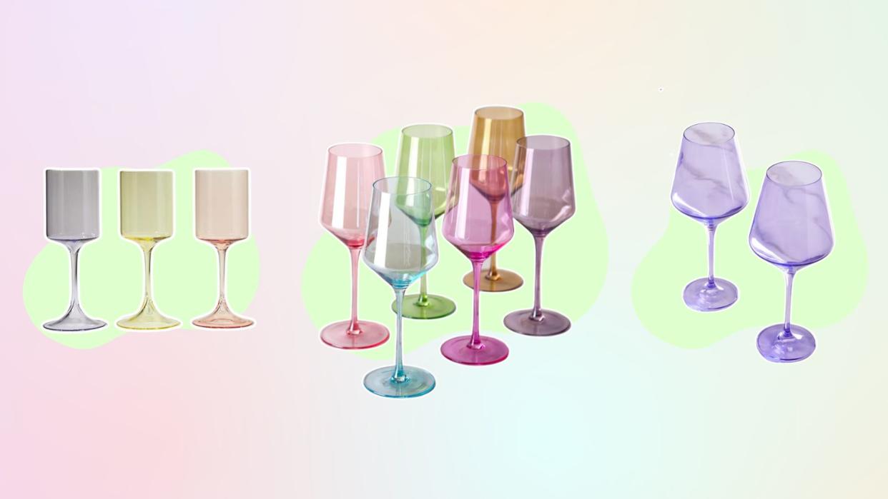  Three sets of colored wine glasses on a pastel pink and green background. 