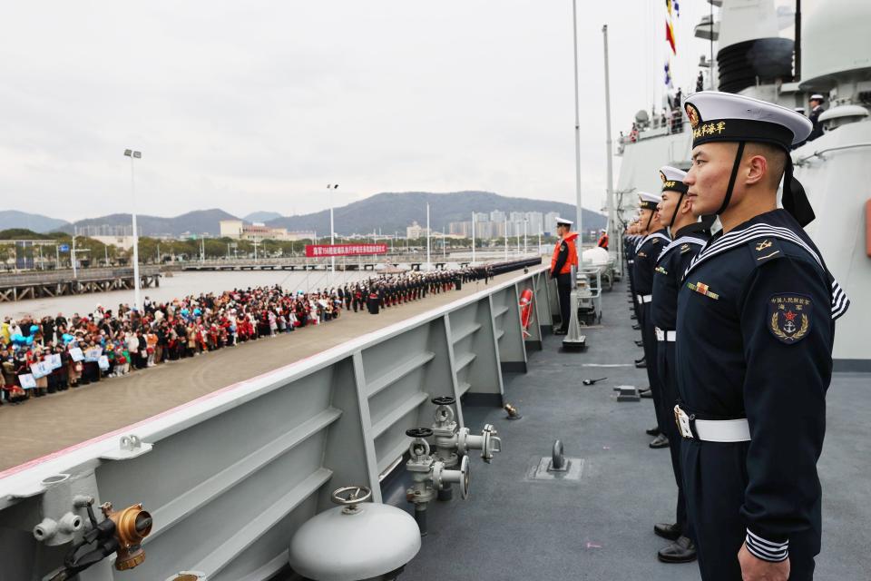 Soldiers line up on the deck in Zhoushan, east China's Zhejiang Province.