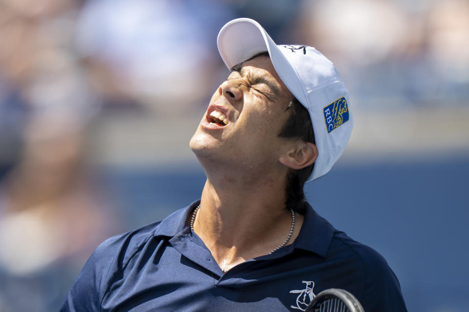 Mackenzie McDonald reacts to a missed shot against Alejandro Davidovich Fokina, of Spain, at the National Bank Open tennis tournament in Toronto, Friday, Aug. 11, 2023. (Frank Gunn/The Canadian Press via AP)