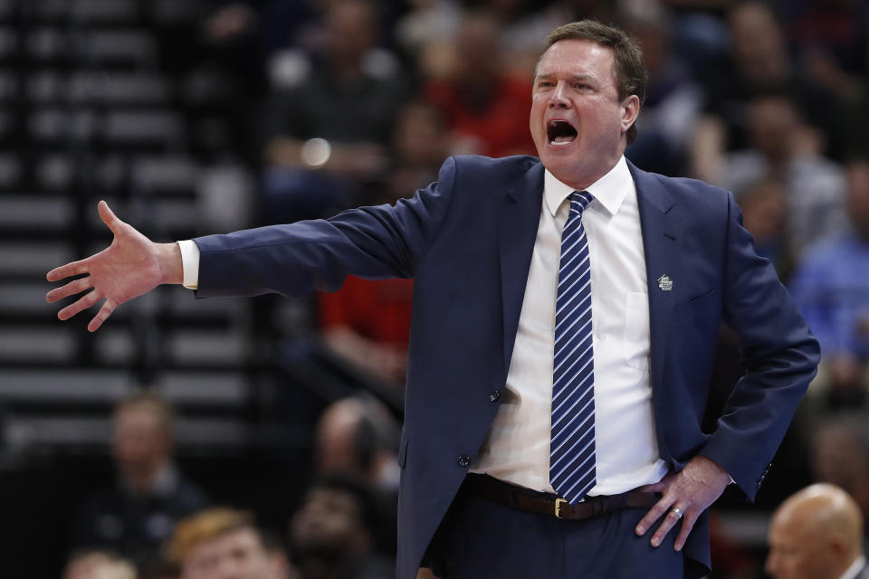 Kansas head coach Bill Self reacts in the first half during a first round men's college basketball game against Northeastern in the NCAA Tournament, Thursday, March 21, 2019, in Salt Lake City. (AP Photo/Jeff Swinger)