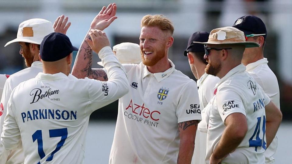 Ben Stokes celebrates a wicket for Durham against Lancashire in the County Championship