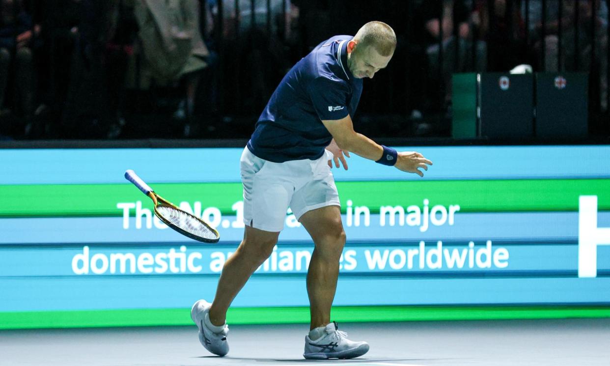 <span>Dan Evans shows his frustration by throwing his racket to the ground during his loss to Denis Shapovalov.</span><span>Photograph: Alex Dodd/CameraSport/Getty Images</span>