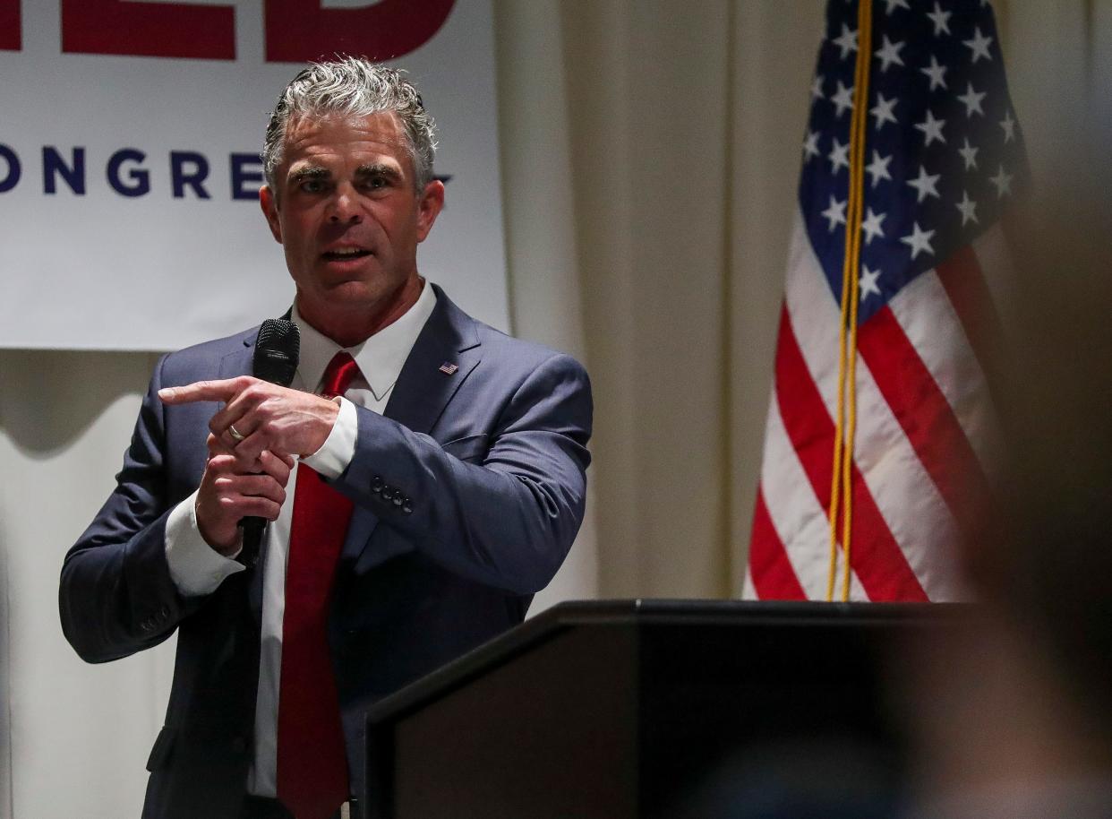 Tony Wied addresses supporters on Monday, April 8, 2024, at the Legacy Hotel in Green Bay, Wis. Wied announced his candidacy as a Republican for Wisconsin's 8th Congressional District seat.