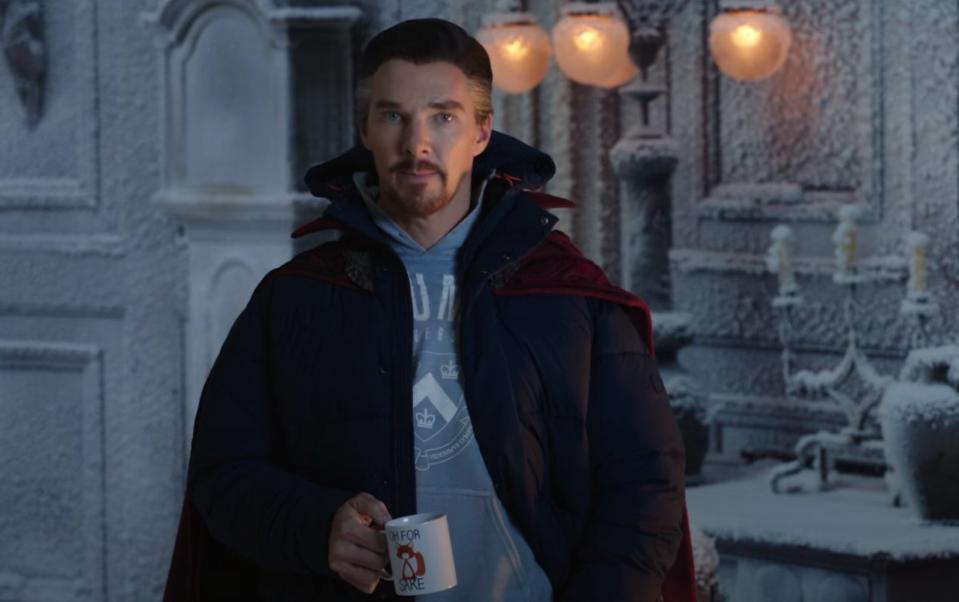 Doctor Strange (Benedict Cumberbatch) holding a coffee cup that reads “For Fox Sake” in No Way Home trailer. - Credit: Sony and Marvel