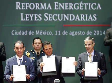 Mexico's President Enrique Pena Nieto (C), President of Mexico's Senate Raul Cervantes (L) and President of the Chamber of Deputies Jose Gonzalez hold up a written version of an energy reform at the National Palace in Mexico City August 11, 2014. REUTERS/Edgard Garrido