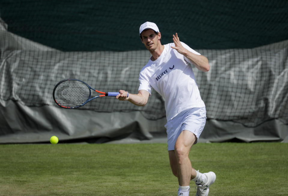 Andy Murray of Britain attends a practice session ahead of the Wimbledon Tennis Championships in London Saturday, June 29, 2019. The Wimbledon Tennis Championships start on Monday, July 1 and run until Sunday, July 14, 2019. (AP Photo/Ben Curtis)