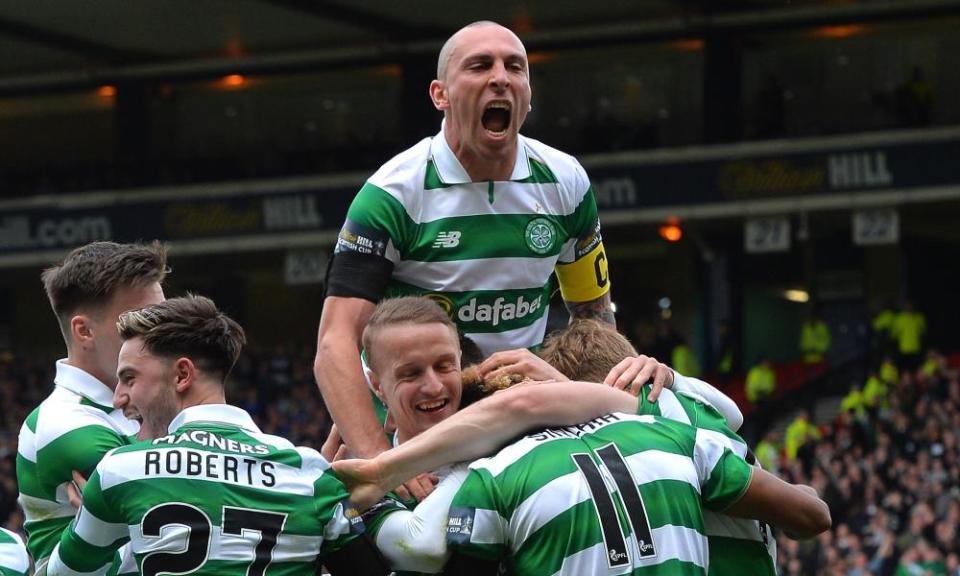 Scott Sinclair, No11, is congratulated on scoring Celtic’s second goal during their Scottish Cup semi-final victory against Rangers at Hampden Park