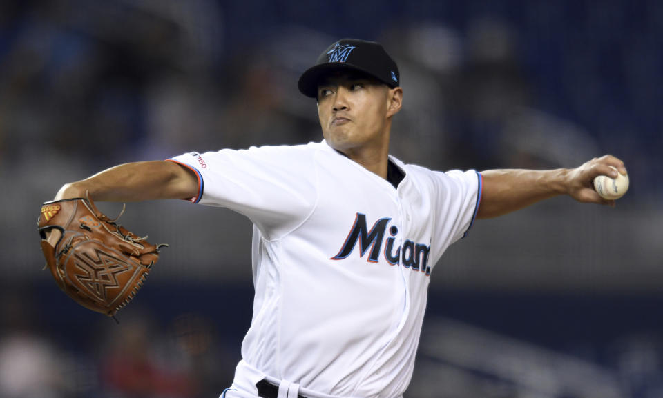 Miami Marlins' Wei-Yin Chen pitches against the Washington Nationals during the ninth inning of a baseball game Thursday, June 27, 2019, in Miami. (AP Photo/Jim Rassol)