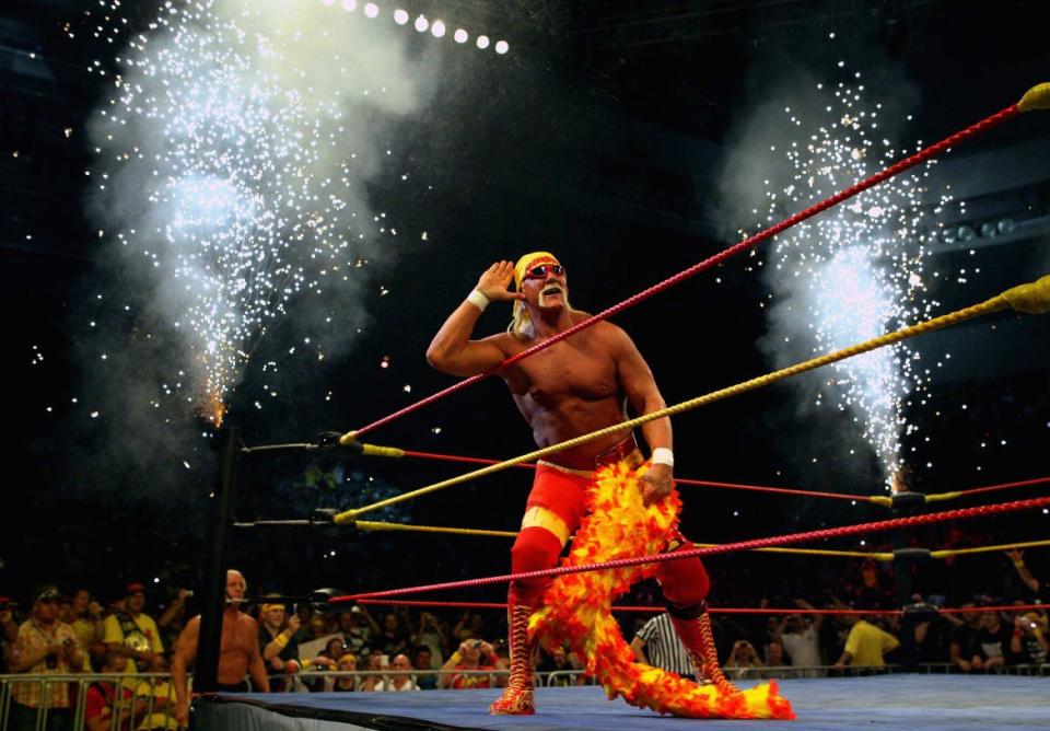 <div class="inline-image__caption"><p>Hulk Hogan works the crowd during Hulk Hogan's Hulkamania Tour at Rod Laver Arena on November 21, 2009, in Melbourne, Australia.</p></div> <div class="inline-image__credit">Mark Dadswell/Getty</div>