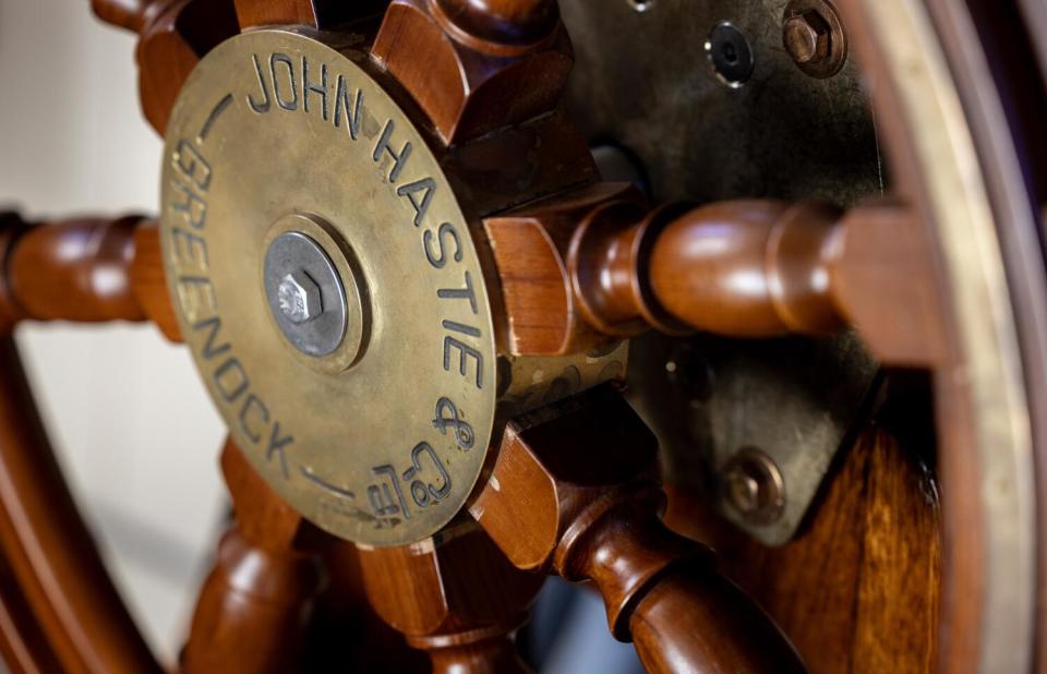 The wheel on the bridge of the newly restored Western Flyer.