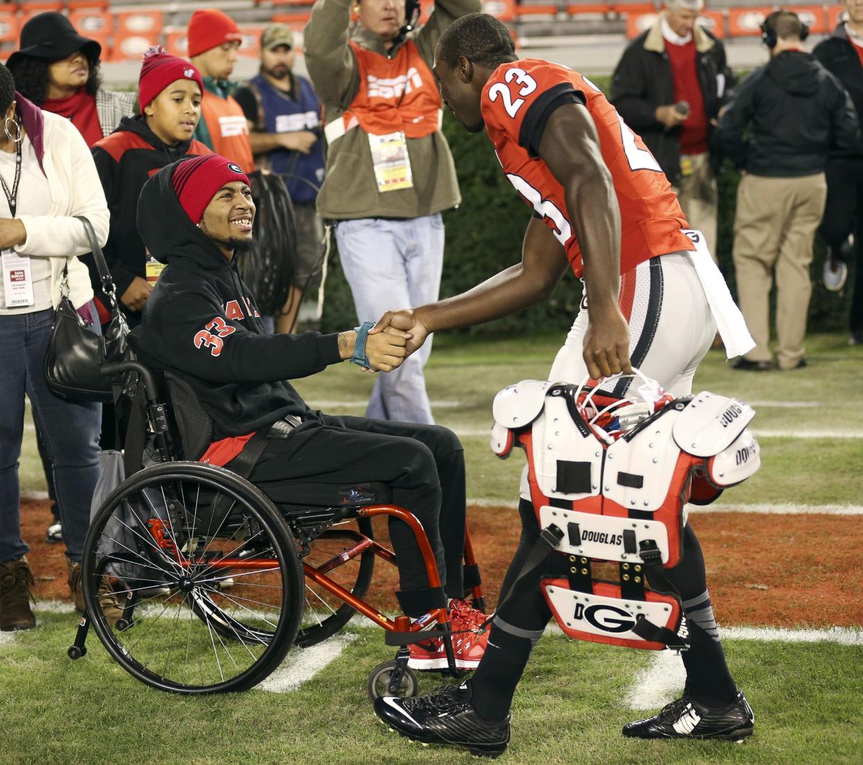 Southern University’s Devon Gales suffered a spinal injury during a game at Georgia. (AP Photo/John Bazemore)