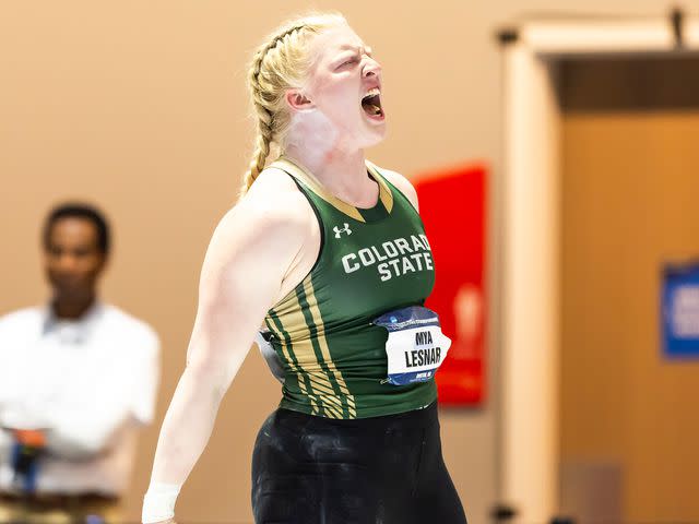 <p>Matt Stone/NCAA Photos/Getty</p> Mya Lesnar screams after laughing a throw during the 2024 Division I Men's and Women's Indoor Track and Field Championship on March 9, 2024 in Boston, Massachusetts.