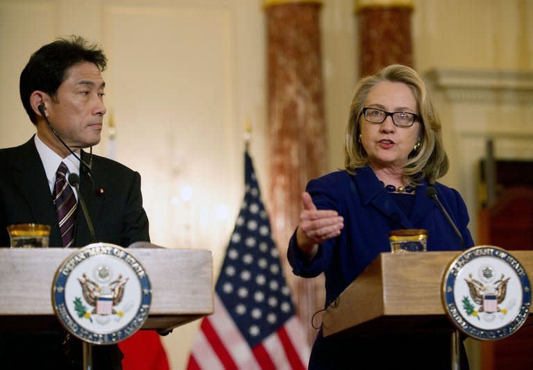 US Secretary of State Hillary Clinton and Japanese Foreign Minister Fumio Kishida speak to the press in Washington,DC on January 18, 2013. Veiled US warnings to Beijing not to challenge Japan's control of disputed islands encouraged Tokyo's "dangerously right-leaning" government and "betrayed" Washington's vow of neutrality, Chinese state media said Saturday