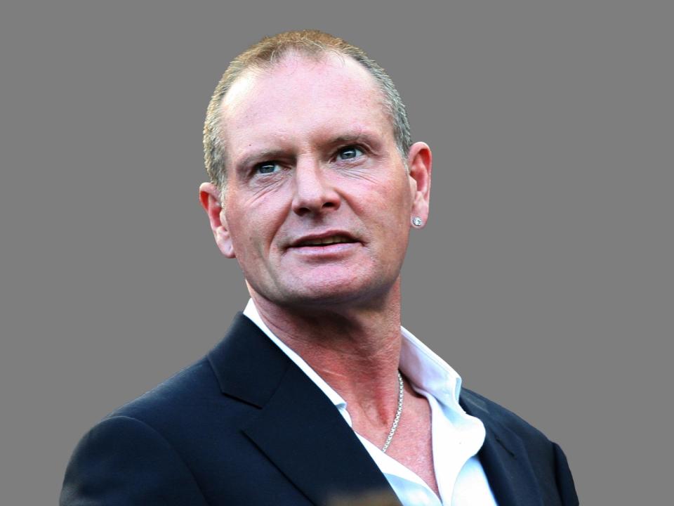 Paul Gascoigne headshot, former England soccer player, graphic element on gray