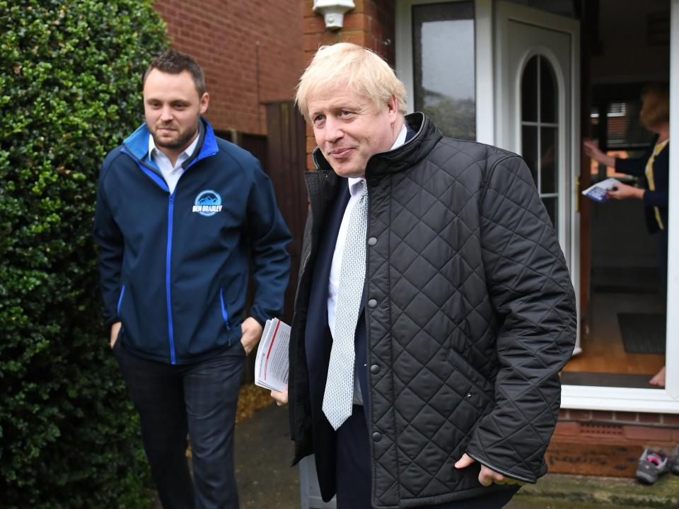 Ben Bradley campaigning in Mansfield with Boris Johnson in 2019 (PA)