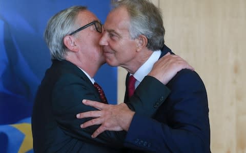 Former Prime Minister Tony Blair is welcomed by European Commission President Jean Claude Juncker prior to their meeting in Brussels, Belgium, last month - Credit: EPA