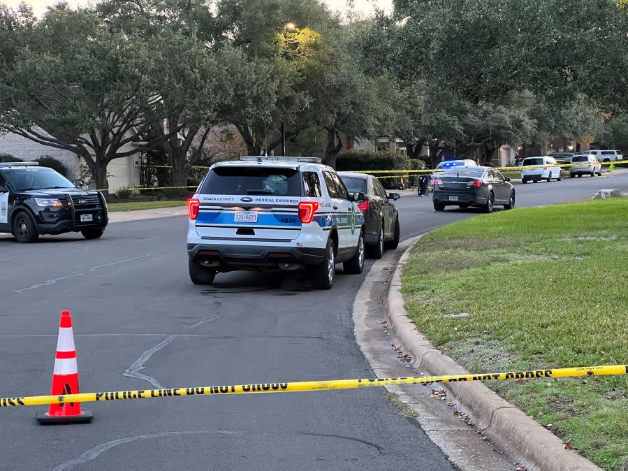 Austin Police investigating the scene on Dec. 6, 2023, the day after a shooting on Austral Loop in southwest Austin. (KXAN Photo Todd Bailey)