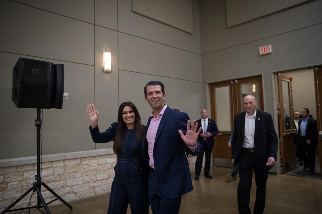 Hey, look — it’s Donberly! Donald Trump Jr. and Kimberly Guilfoyle campaign for Ted Cruz in Conroe, Texas, on Oct. 3. (Photo: Loren Elliott/Getty Images)