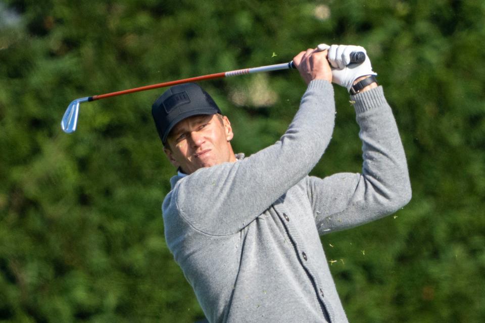 February 2, 2024; Pebble Beach, California, USA; NFL former quarterback Tom Brady hits his tee shot on the 16th hole during the second round of the AT&T Pebble Beach Pro-Am golf tournament at Pebble Beach Golf Links. Mandatory Credit: Kyle Terada-USA TODAY Sports