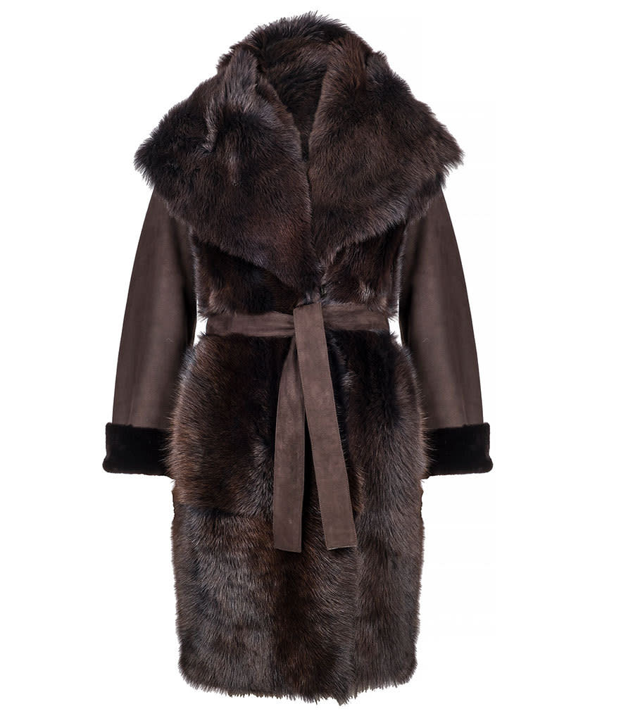 Marina Rinaldi Elisir Brown Fur Suede Wrap Coat