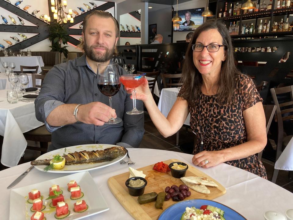 Lohud Food & Dining Reporter Jeanne Muchnick with Mentor Berisha, owner of the recently opened Mentor's Mediterranean Steakhouse in Chappaqua. Photographed June 2022.