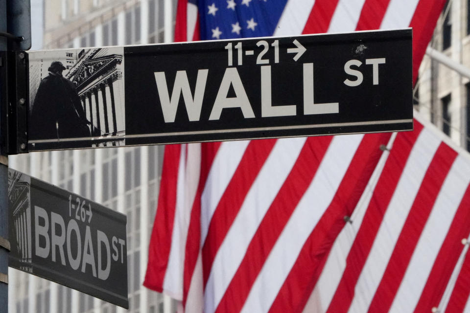 FILE PHOTO: The Wall Street sign is pictured at the New York Stock exchange (NYSE) in the Manhattan borough of New York City, New York, U.S., March 9, 2020. REUTERS/Carlo Allegri/File Photo