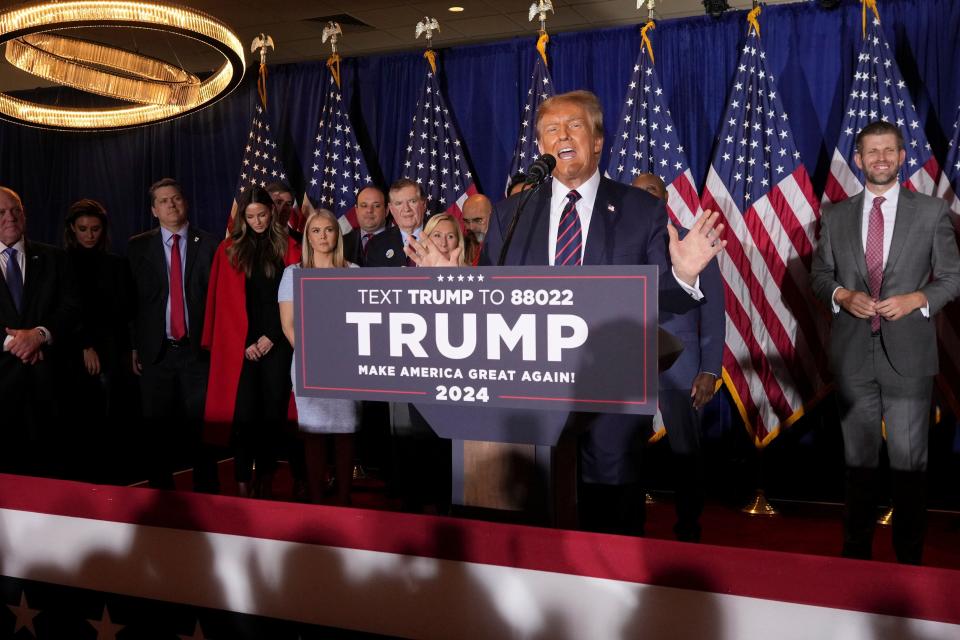 Former President Donald Trump speaks after defeating Nikki Haley in the New Hampshire primary election, during his watch party in Nashua, N.H., on Tuesday, Jan. 23, 2024.