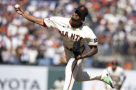 San Francisco Giants pitcher Camilo Doval delivers against the San Diego Padres during the ninth inning of a baseball game, Sunday, April 7, 2024, in San Francisco. (AP Photo/D. Ross Cameron)