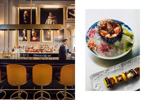 <p>James Rajotte</p> From left: Pictura, the bar at Mandarin Oriental Ritz, Madrid; sea urchin with shrimp and caviar accompanied by a seafood skewer at Estimar.