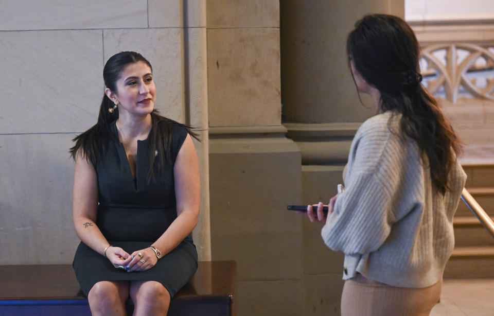 Sen. Jessica Ramos, D-East Elmhurst, talks with reporters after listening to New York Gov. Kathy Hochul's executive state budget at the state Capitol Wednesday, Feb. 1, 2023, in Albany, N.Y. (AP Photo/Hans Pennink)