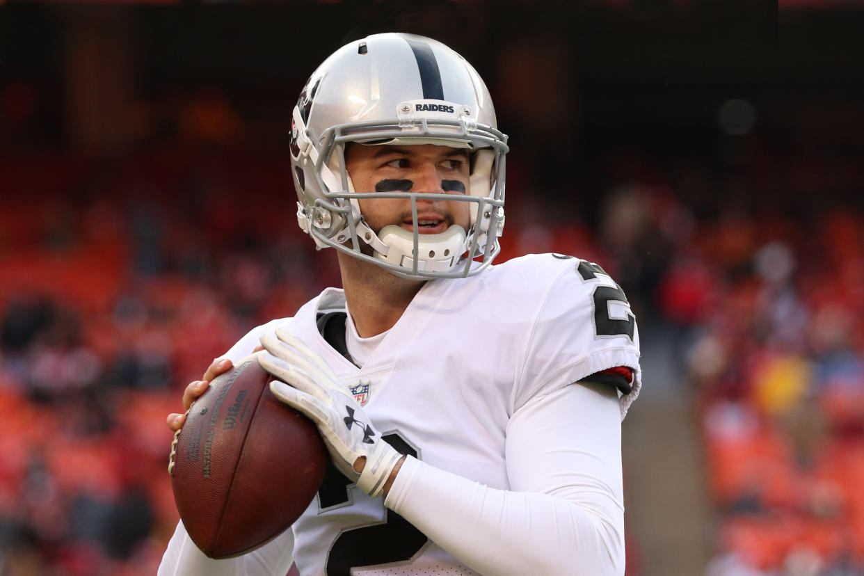 KANSAS CITY, MO - DECEMBER 30: Oakland Raiders quarterback AJ McCarron (2) prepares to throw a pass before an NFL game between the Oakland Raiders and Kansas City Chiefs on December 30, 2018 at Arrowhead Stadium in Kansas City, MO.  (Photo by Scott Winters/Icon Sportswire via Getty Images)
