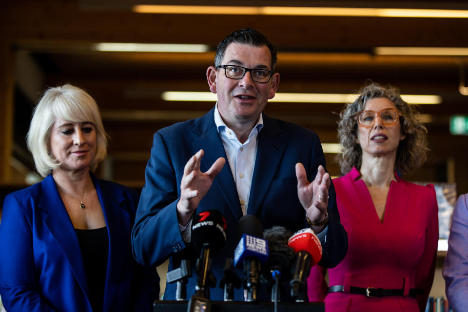 Victoria Premier Daniel Andrews speaks to media during the 2022 Victorian state election campaign in Melbourne, Saturday. Source: AAP