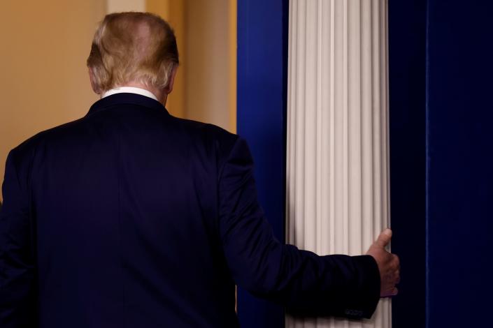 U.S. President Donald Trump departs after speaking about the 2020 U.S. presidential election results in the Brady Press Briefing Room at the White House in Washington, U.S., November 5, 2020.