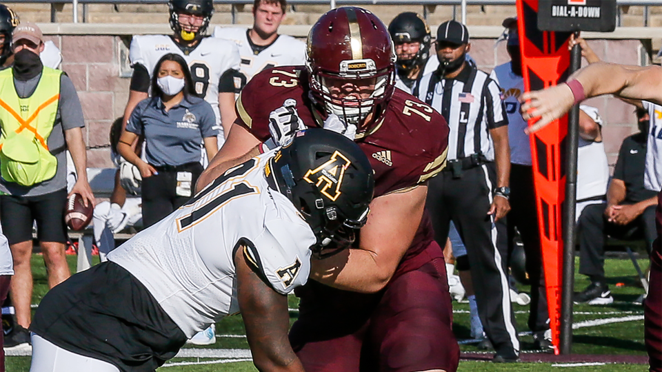 Prague native Dalton Cooper (73) has started every game at left tackle over the past three seasons at Texas State. He has committed to Oklahoma State.