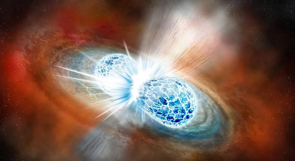 An illustration of two neutron stars colliding and merging to create a kilonova blast that new research indicates may be perfect spheres