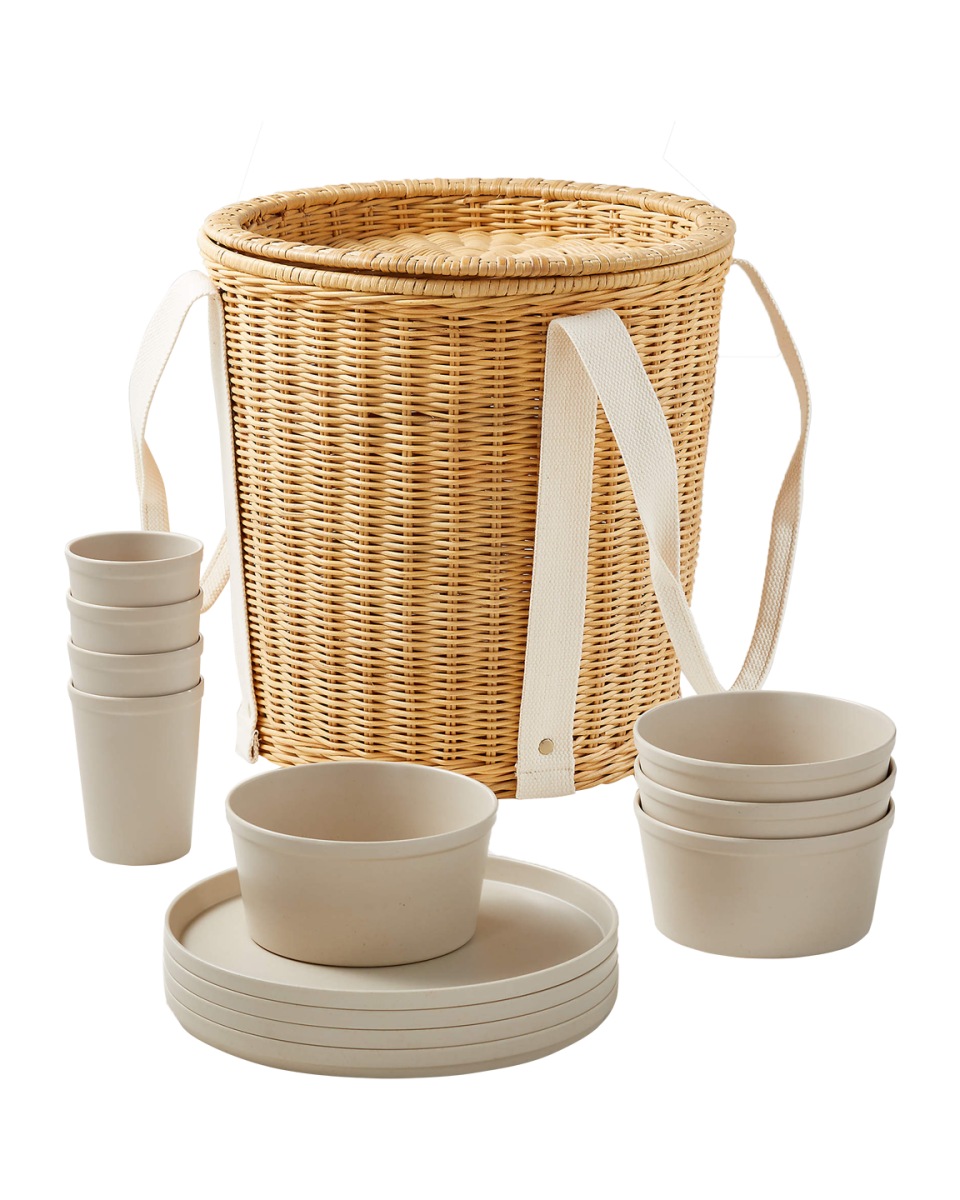 2) 12-Piece Melamine Set with Wicker Picnic Basket