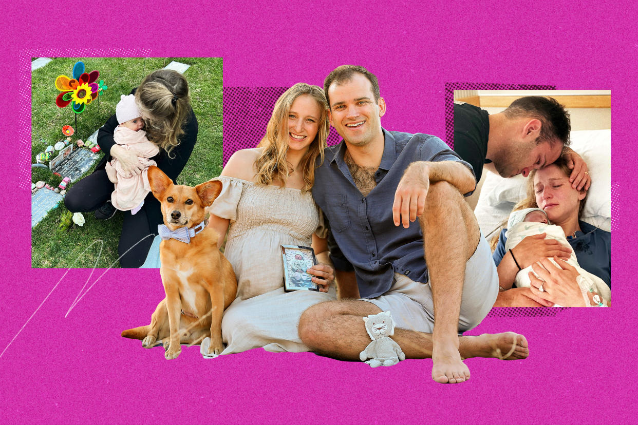 In a collage of several photos, Rachel Gould is shown sitting on the ground with her husband and her dog; holding her stillborn son, Ari; and holding her rainbow baby later.