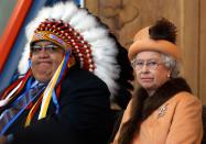 <p>During a state visit to Canada, The Queen sits next to Chief Alphonse Bird of the Federation of Indian Nations, at the First Nations University. (PA Archive) </p>