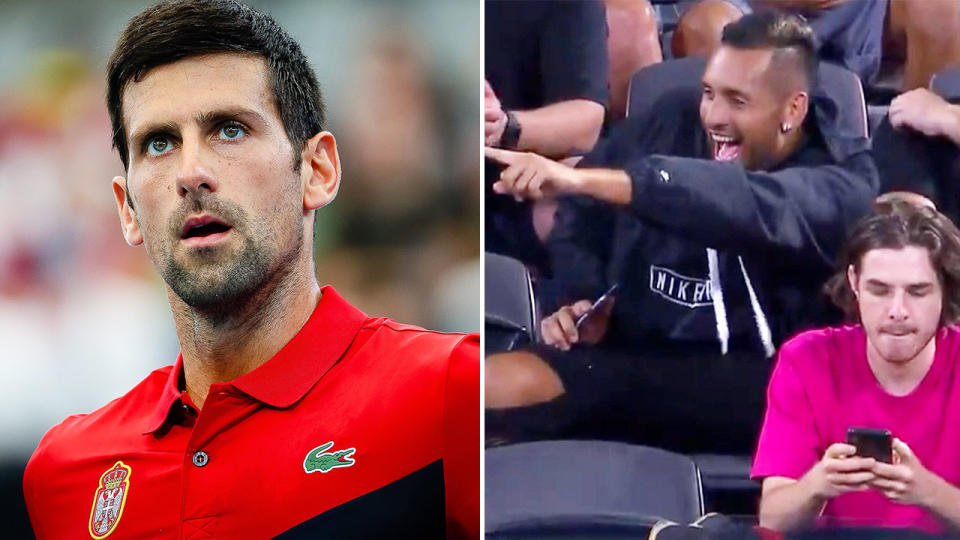 Nick Kyrgios, pictured here appearing to heckle Novak Djokovic at the ATP Cup.