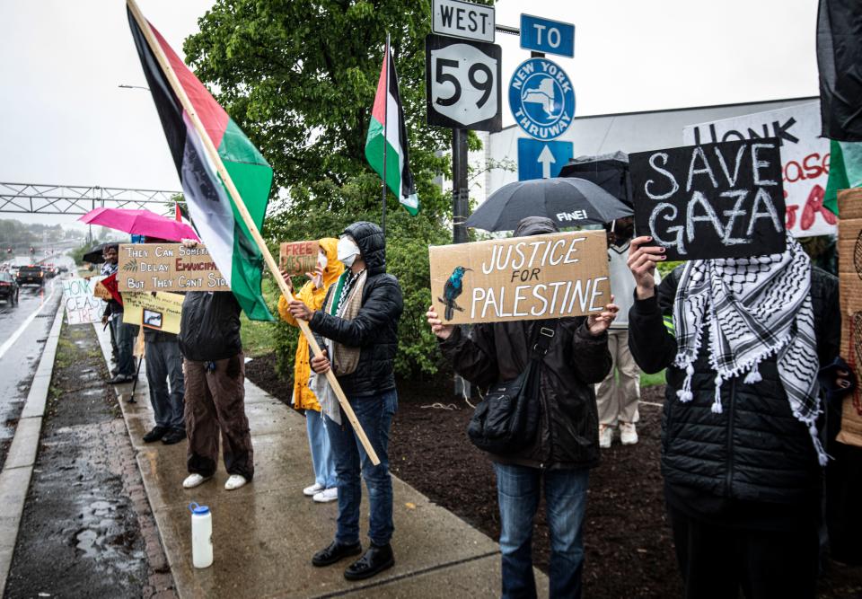 About thirty pro-Palestinian protesters tood at the intersection of route 59 and Middletown Rd. In Nanuet May 5, 2024 to protest IsraelÕs was against Hamas in Gaza. The group, Rockland for Ceasefire, has protested at the intersection every Sunday since the war in Gaza started in October.